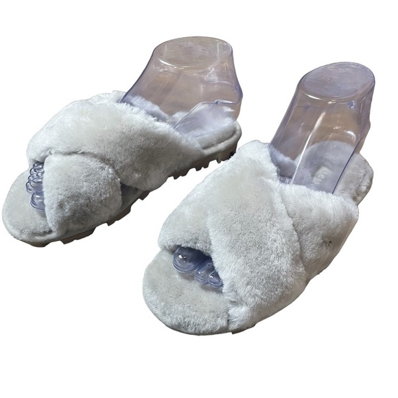 UGG Shoes - UGG Fuzzette Fluffy Cross Strap Sheepskin Slippers Goat Silver Grey NEW Size 5